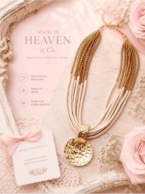 Pink and Gold Multi-Strand Beaded Necklace with Hammered Pendant